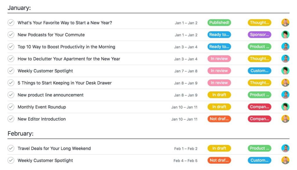 Content calendar examples