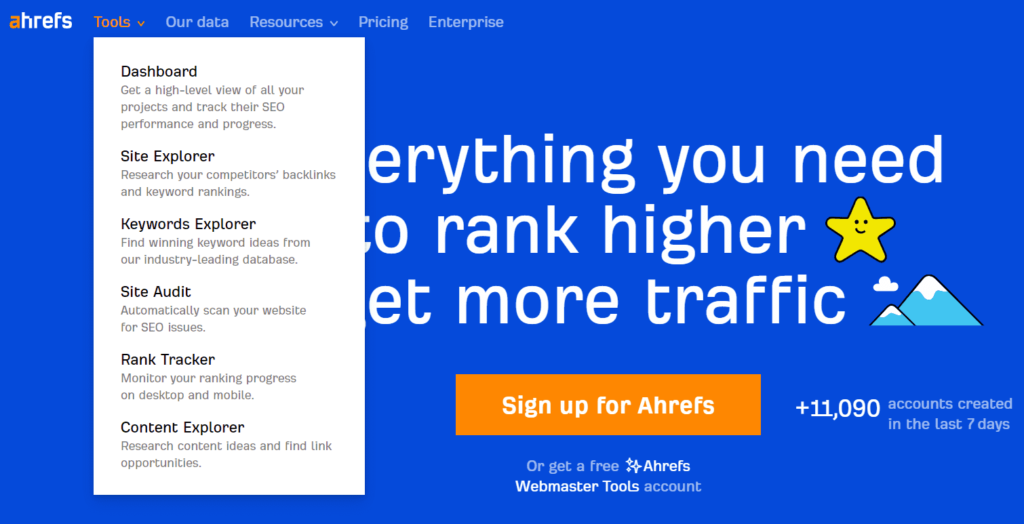 Different tools offered by Ahrefs.