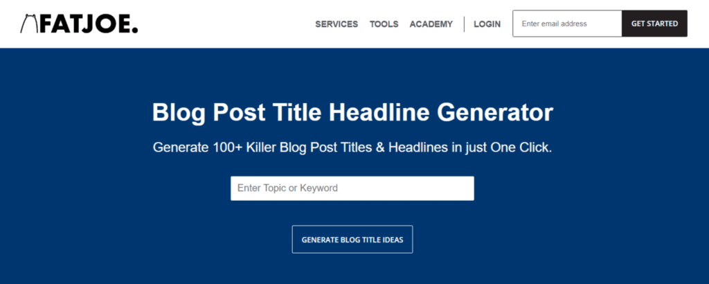 Home page of Fatjoe, a blog post title generator.