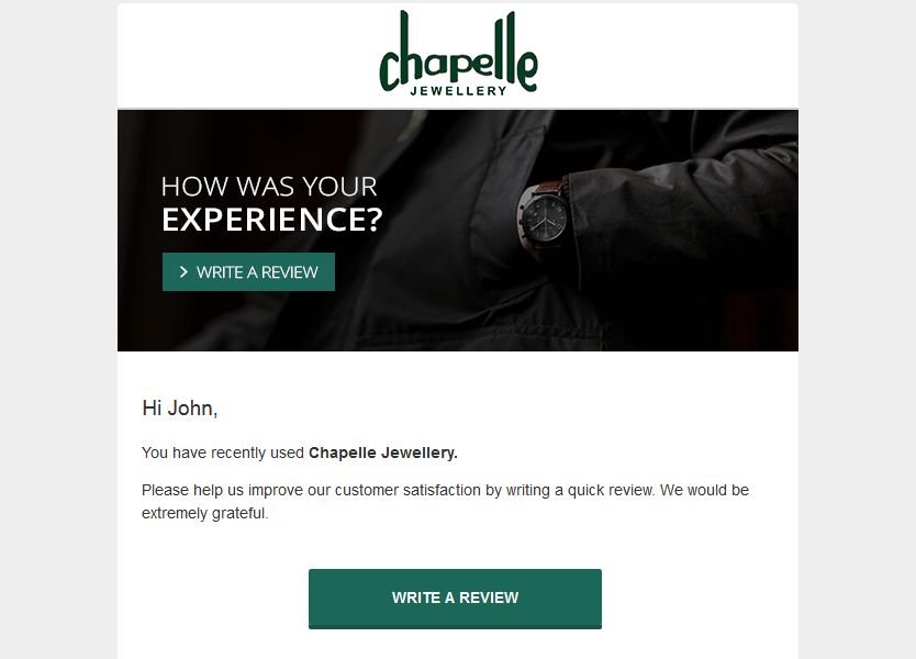 Chapelle Jewellery’s review request email as a type of  bottom funnel content