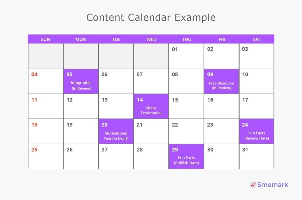 Example of a content calendar used in a content strategy.