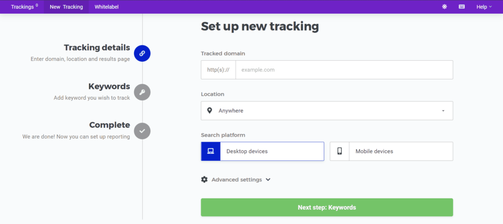 SERPWatcher’s interface to set up new tracking