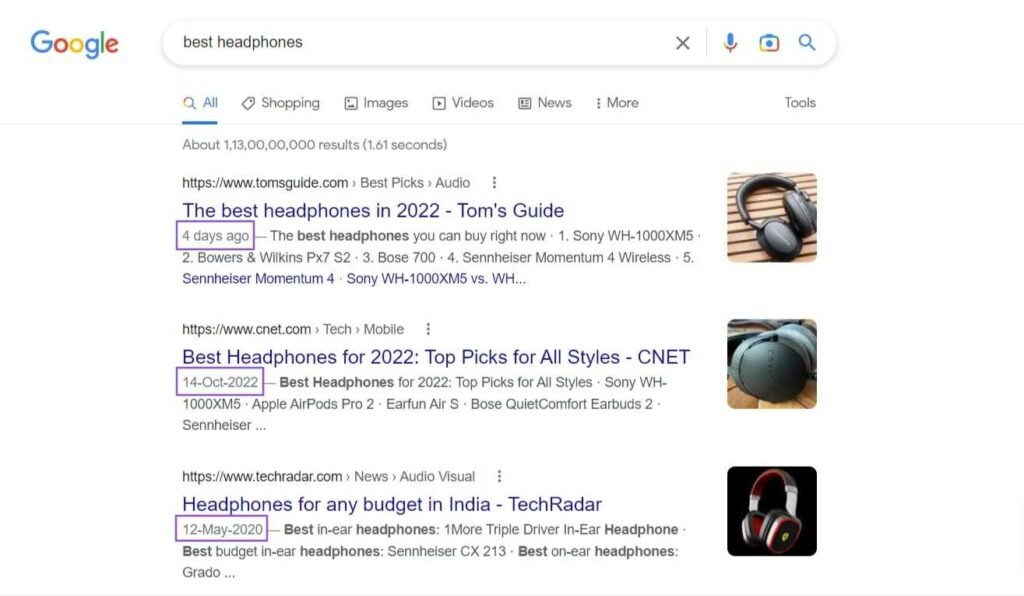Search result page for the keyword best headphones.