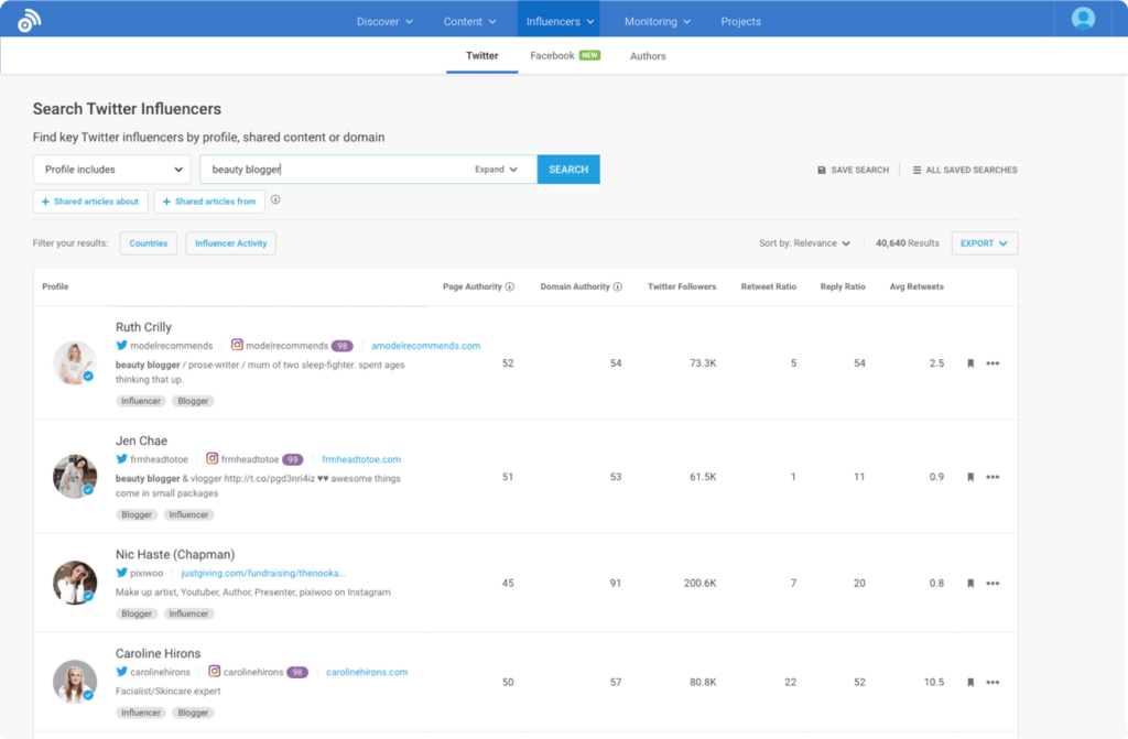 Influencer finder tool in BuzzSumo for content marketing