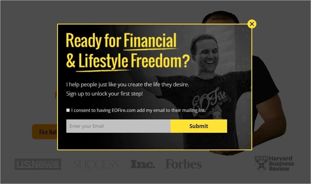 Lead form on a website called entrepreneurs on fire.