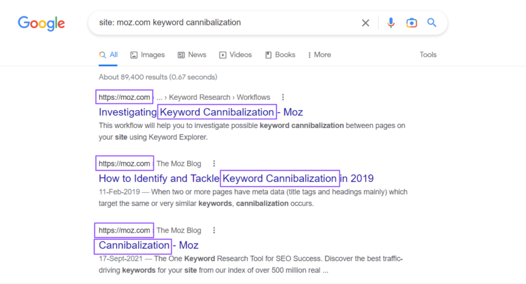 An example of running a site search to check out if you are targeting a unique keyword.