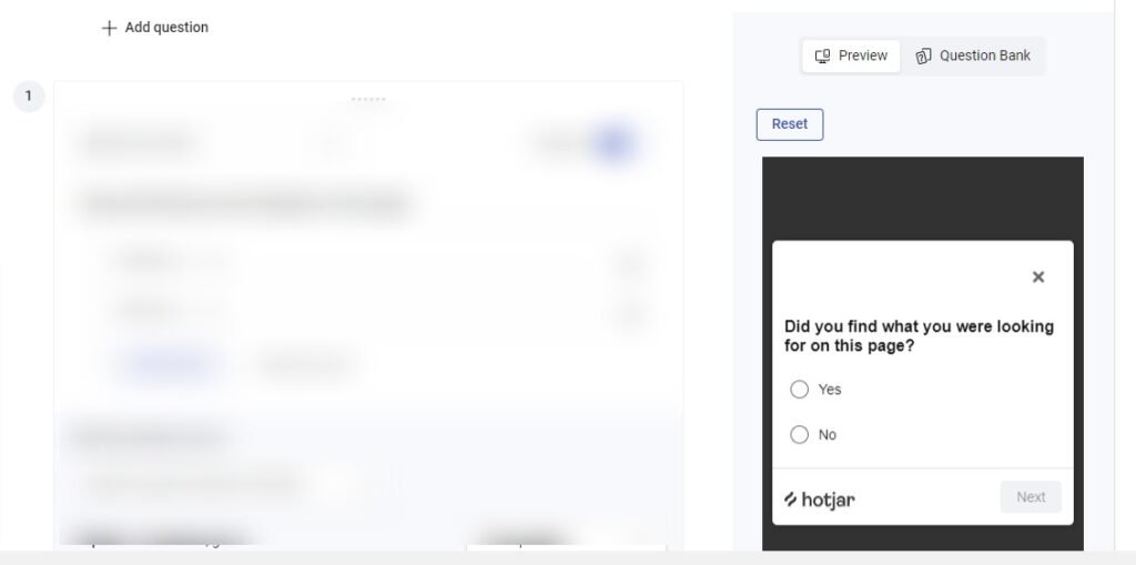 An example of Hotjar’s survey tool to ask for user feedback.