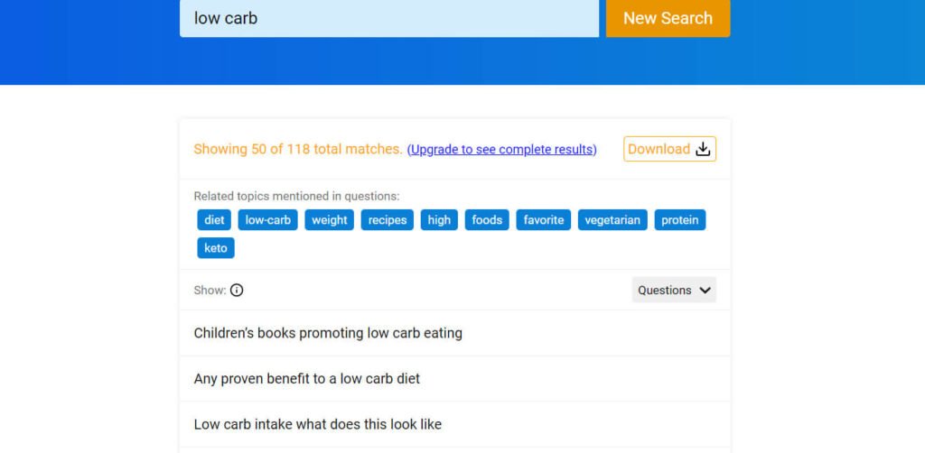 Questions related to the topic “low carb” show up on QuestionDB.