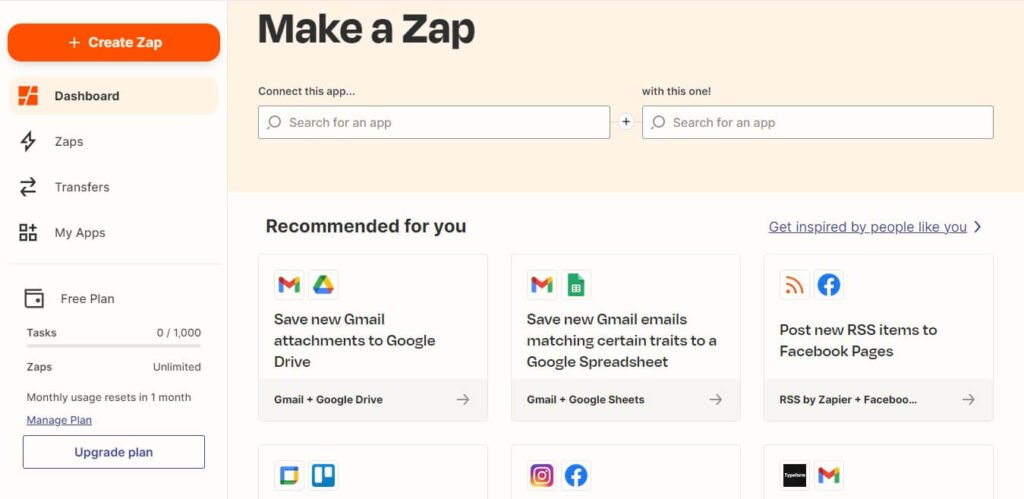 Dashboard of Zapier’s content marketing tools