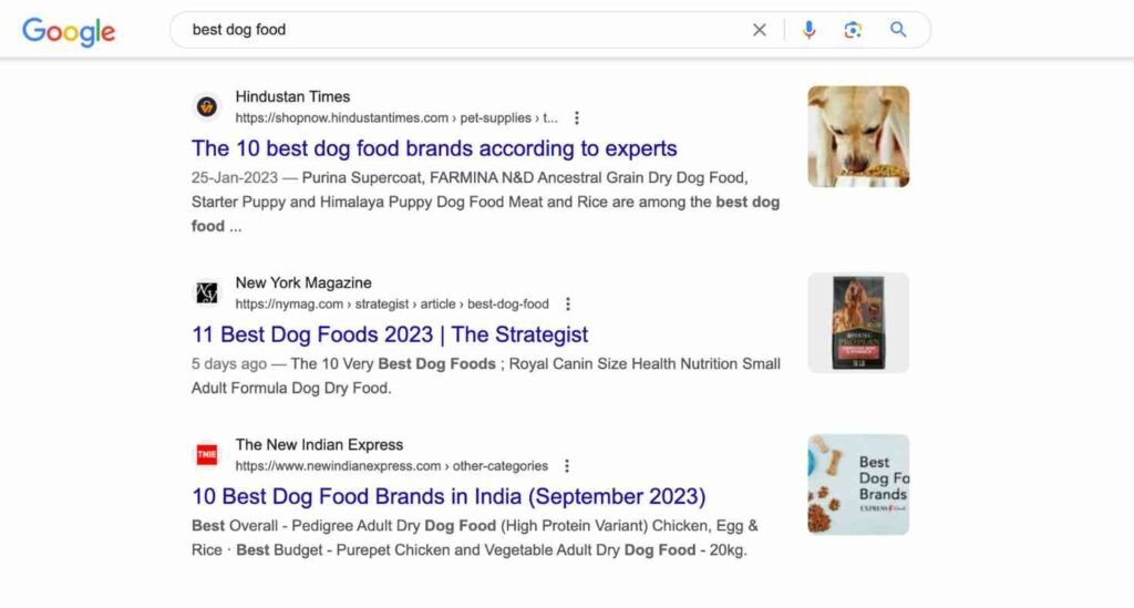 Google search results for best dog food
