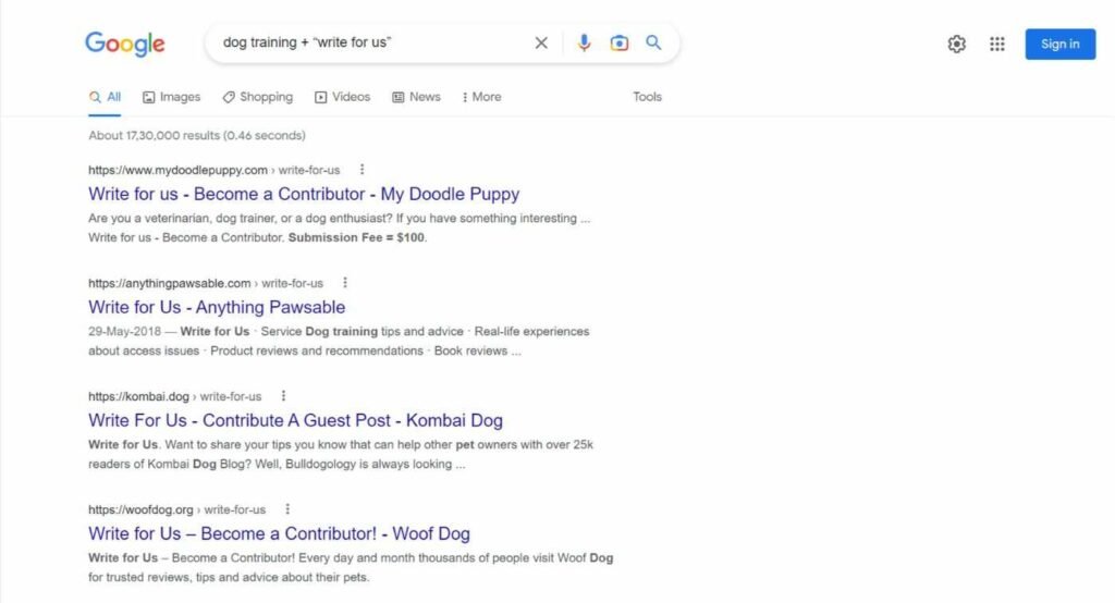 Google search results for dog training + “write for us”