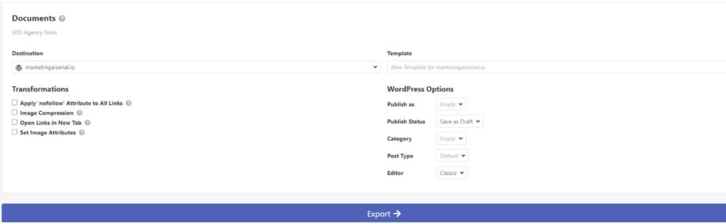 List of settings for export on Wordable.