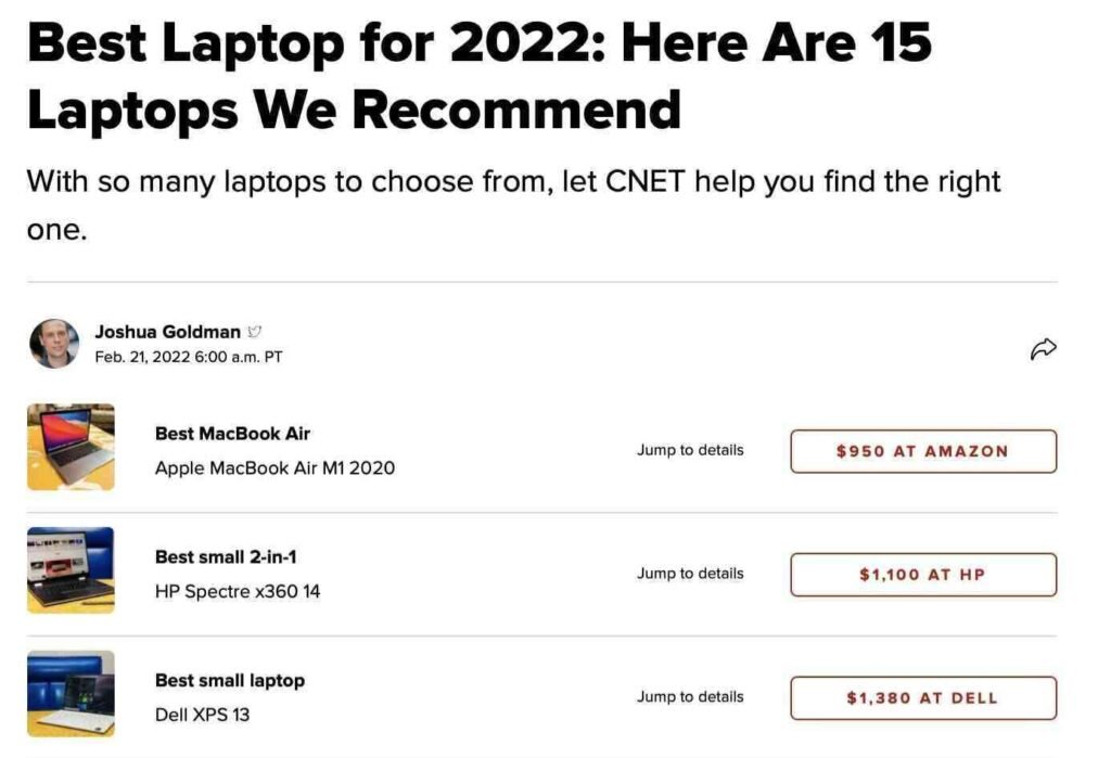 CNET article showing product recommendations for the best laptop for 2022