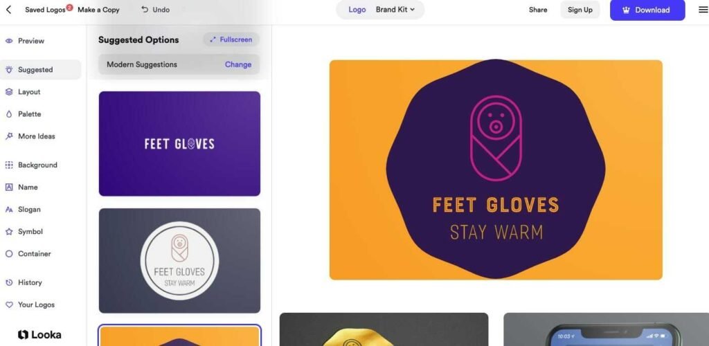 Looka’s interface for users to design and customize logos