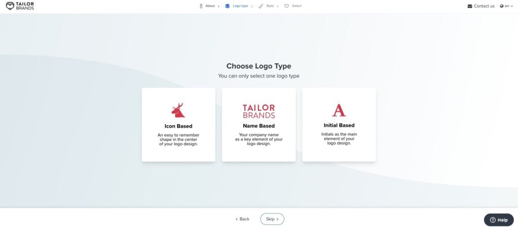 TailorBrands logo selection interface