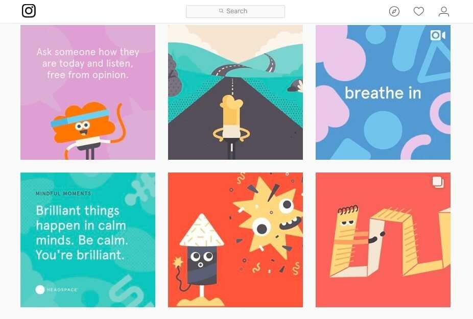 Instagram branding with cheerful colors and playful characters for the Headspace app