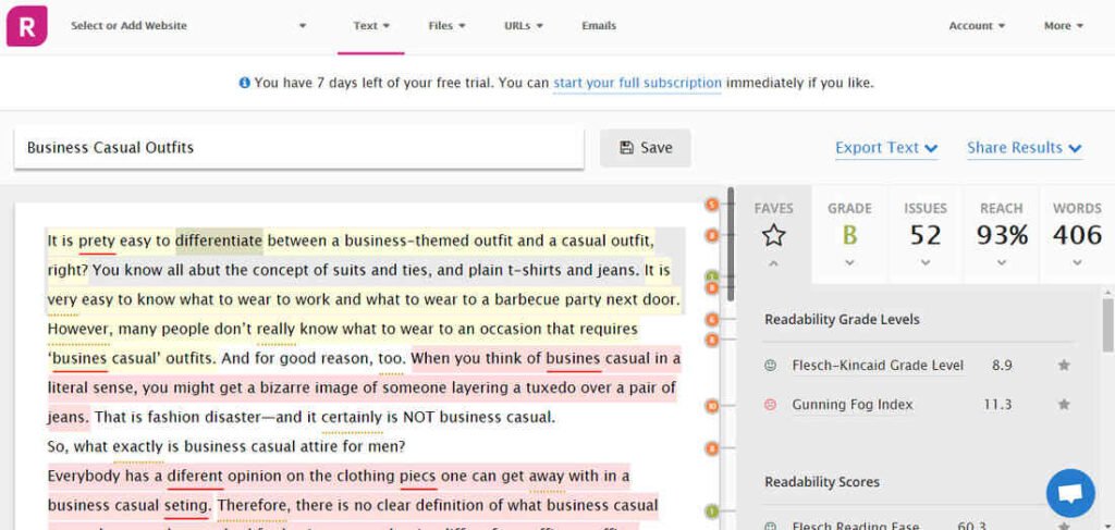 Readability scores and highlighted issues displayed by Readable.