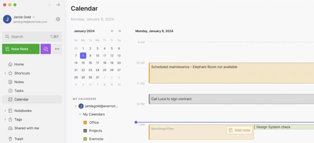 Calendar integration in Evernote
