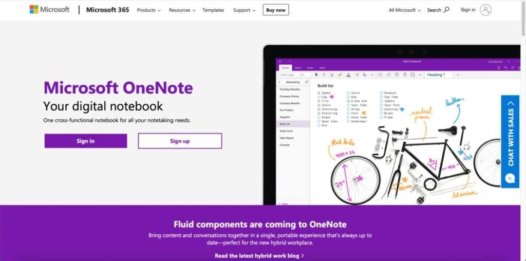 Microsoft OneNote website featuring a digital notebook 