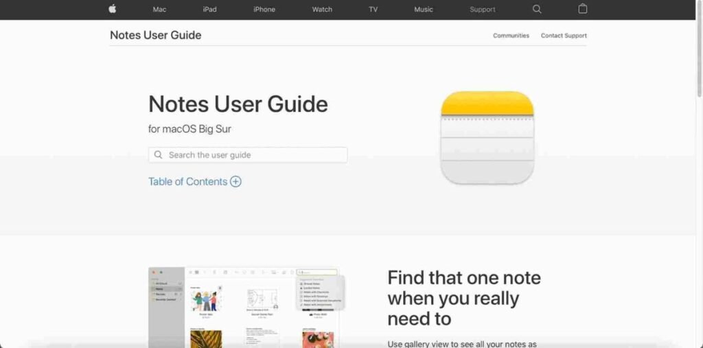 Notes User Guide webpage for macOS Big Sur