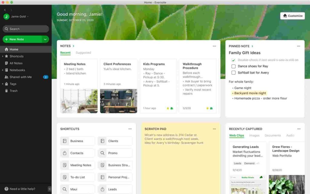 Evernote app interface on desktop for versatile note taking.