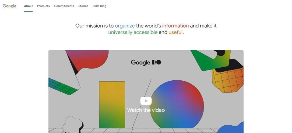 Google’s mission statement displayed on its website