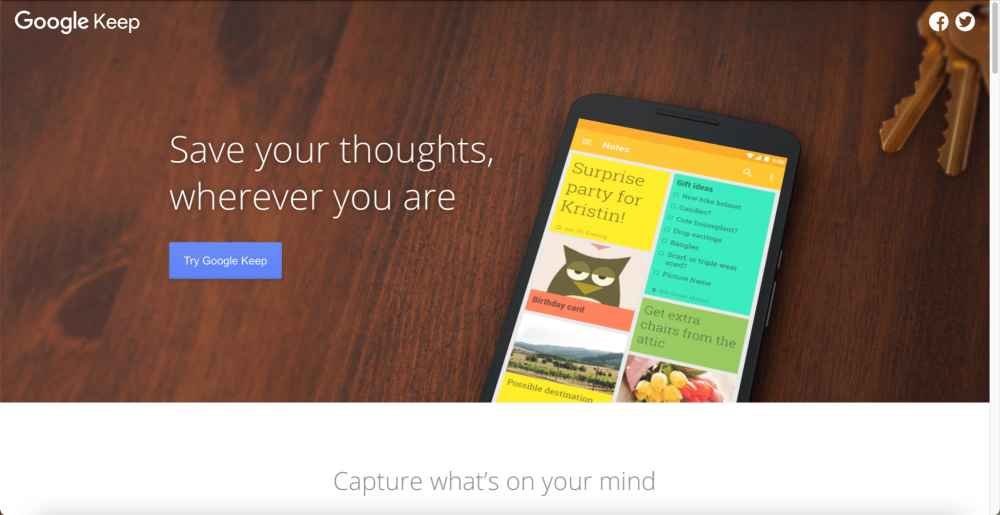 Google Keep website shown with colorful notes and tagline