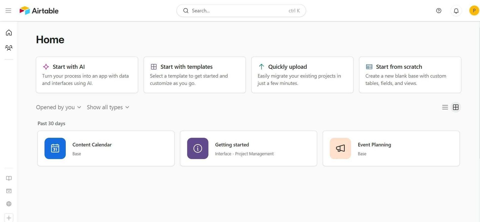 Airtable home page with different options to create bases in Airtable vs Notion