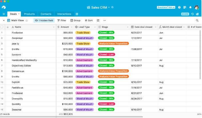 A base consisting of multiple tables with data in Airtable