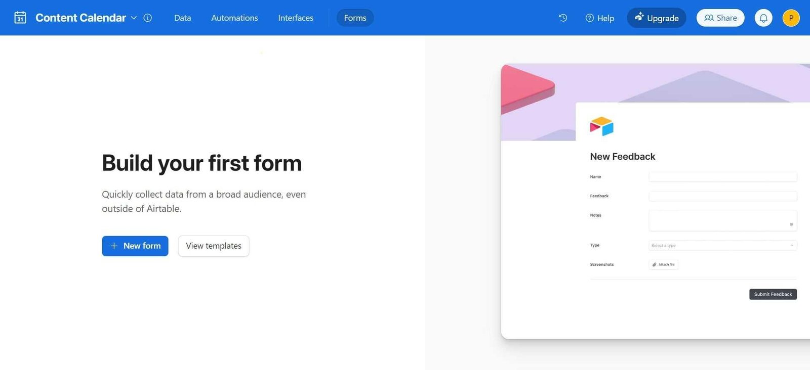 Form builder in Airtable with options to manually create one or with templates