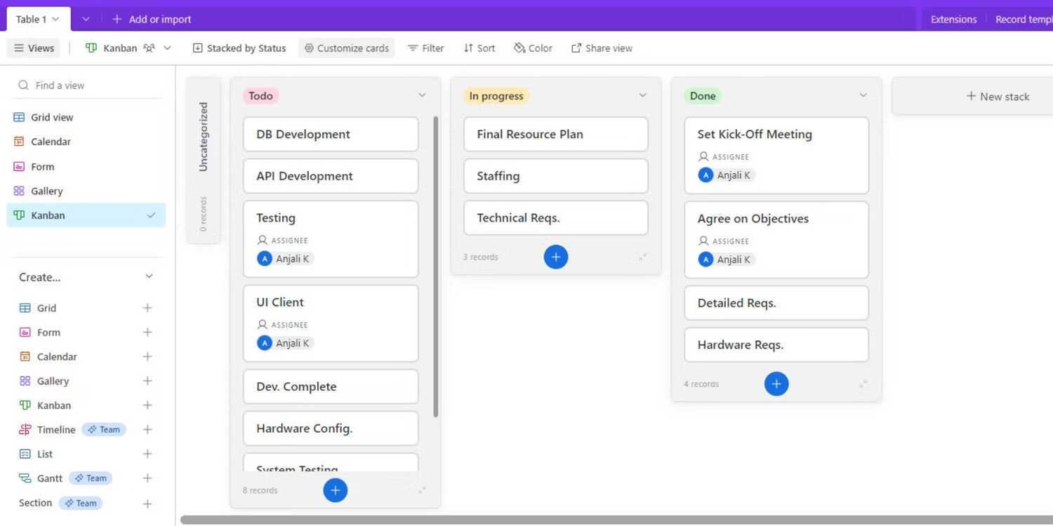 The Kanban view in Airtable