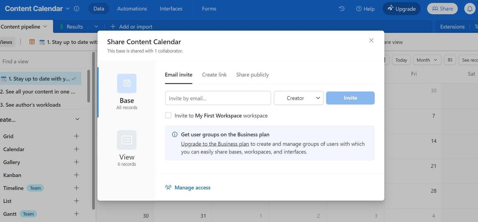 Different share options in Airtable