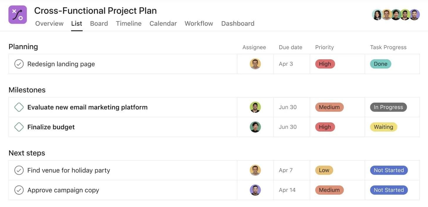 Asana interface including robust data organizing and team alignment features