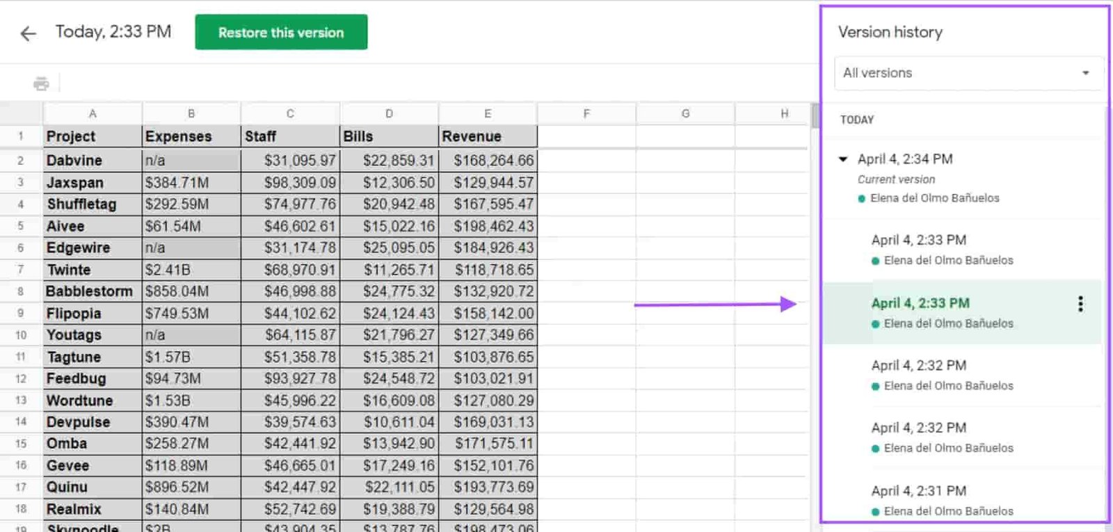 The Revision History feature in Google Sheets