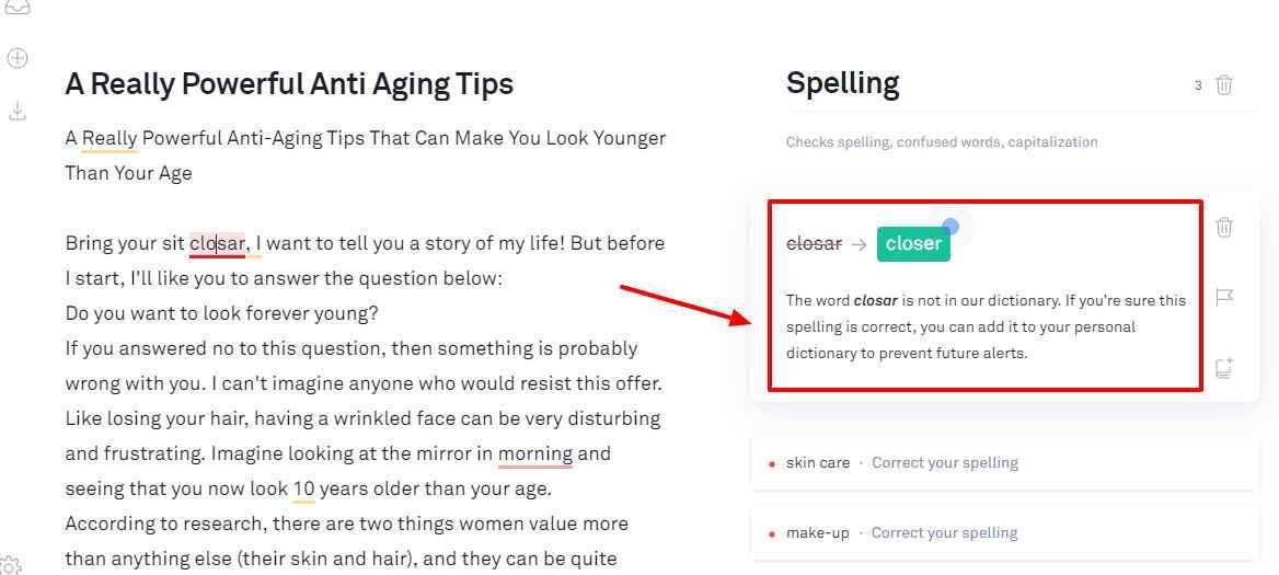 Grammarly review for detecting spelling errors in the content