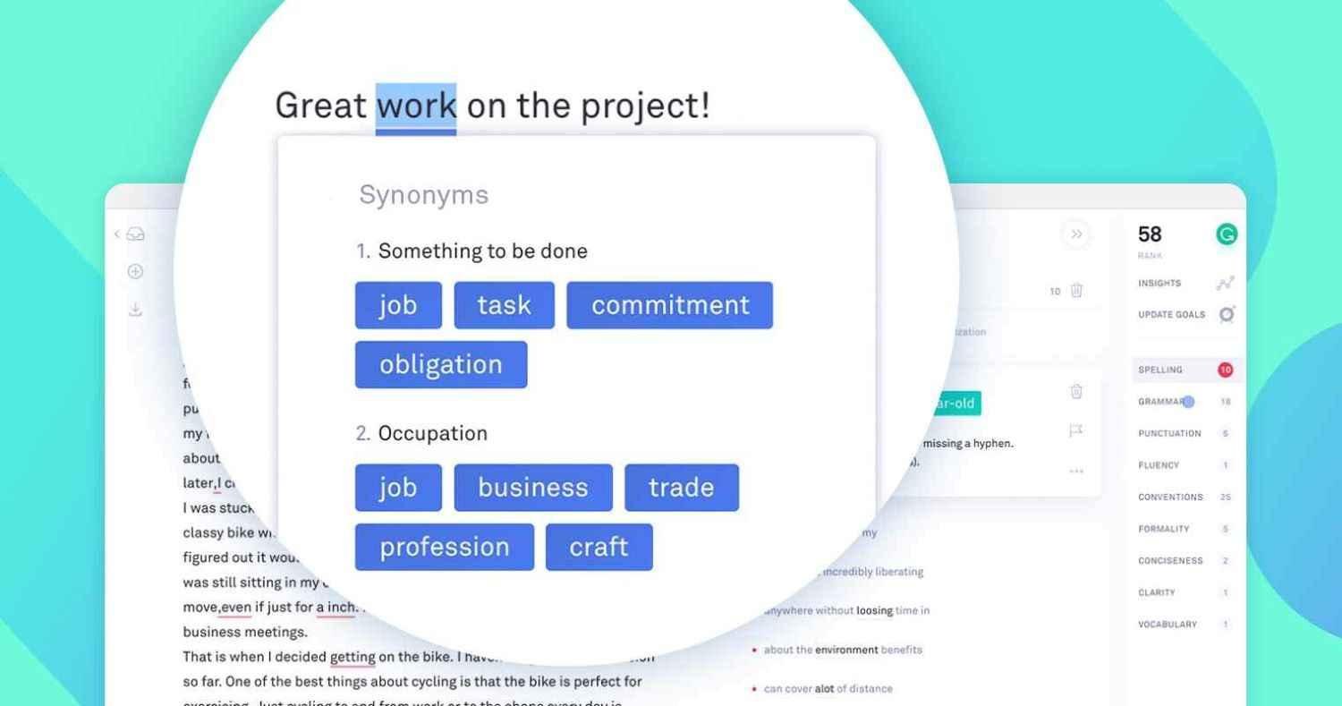 Grammarly recommends synonyms to enhance vocabulary.