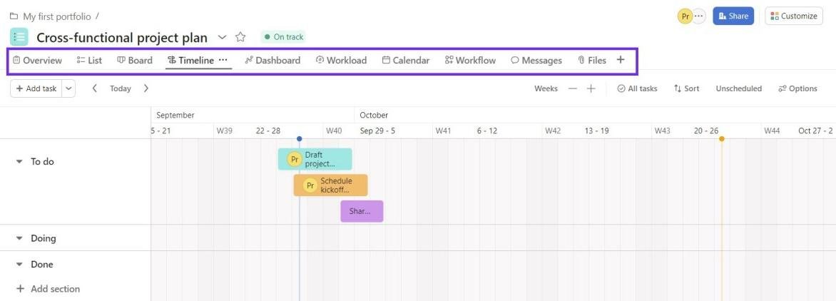 Different project views available in Asana