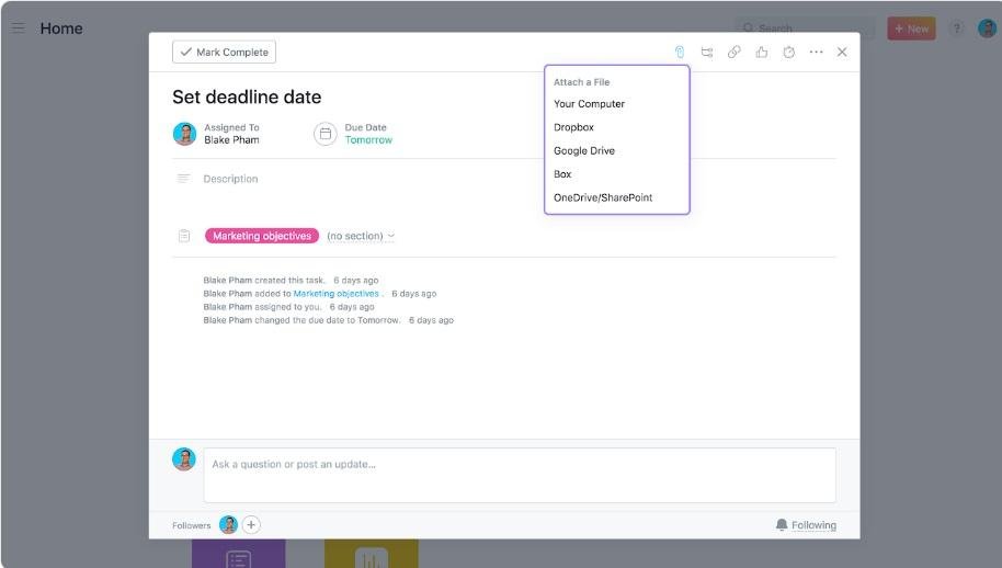 Integrations displayed that can be used to attach a file in Asana