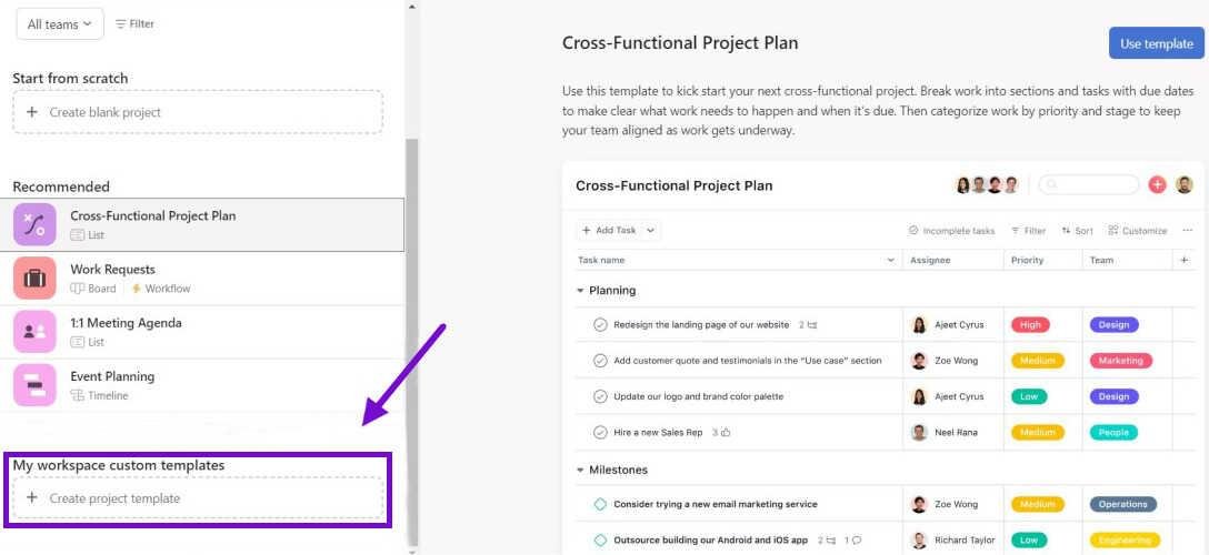 Function to create a custom project template in Asana