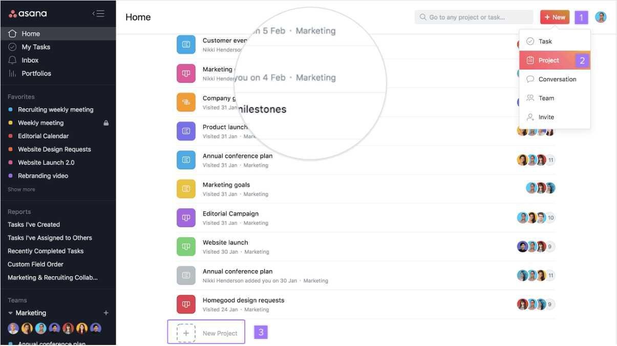 The home tab in Asana review