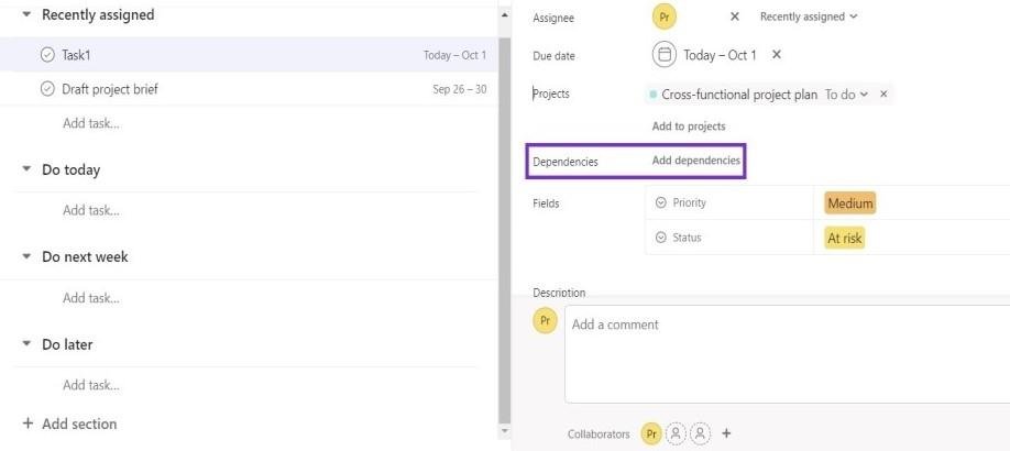 The task dependency function in Asana