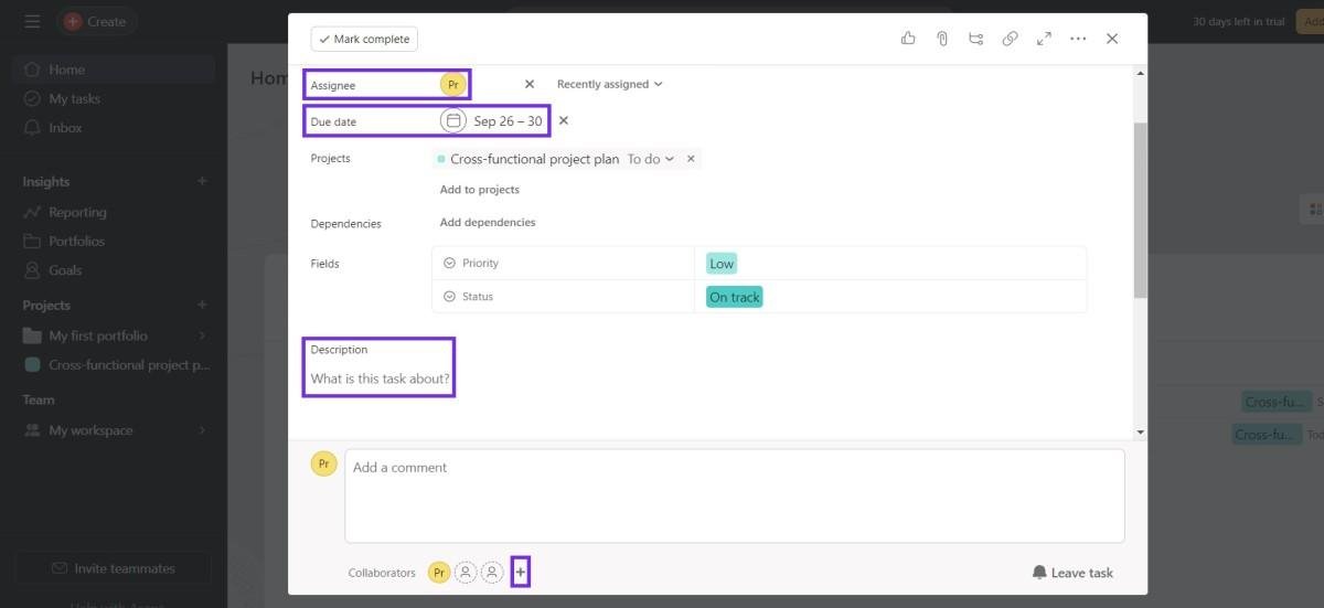 Functions for task management in Asana