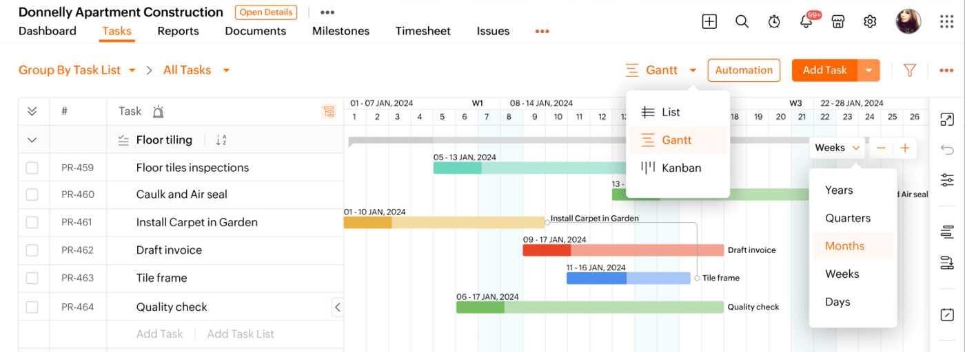 Zoho project gantt chart