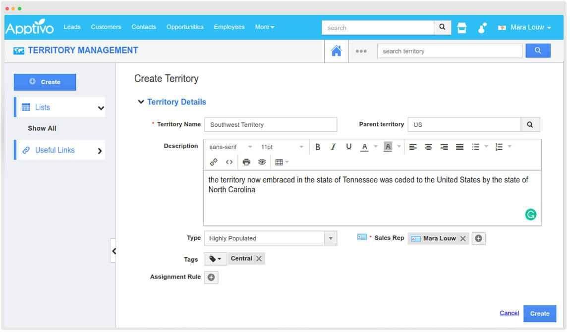 Create sales territory in Apptivo CRM alternative to Pipedrive.Sales territory creation in Apptivo CRM