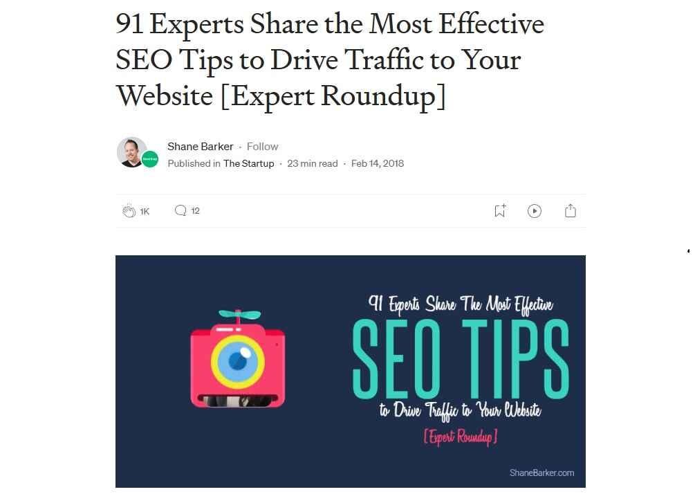 Example of expert roundups blog post on SEO tips to drive traffic