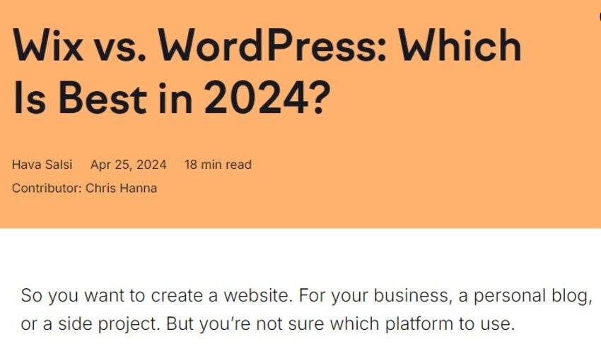 Example of comparison blog post on Wix vs WordPress