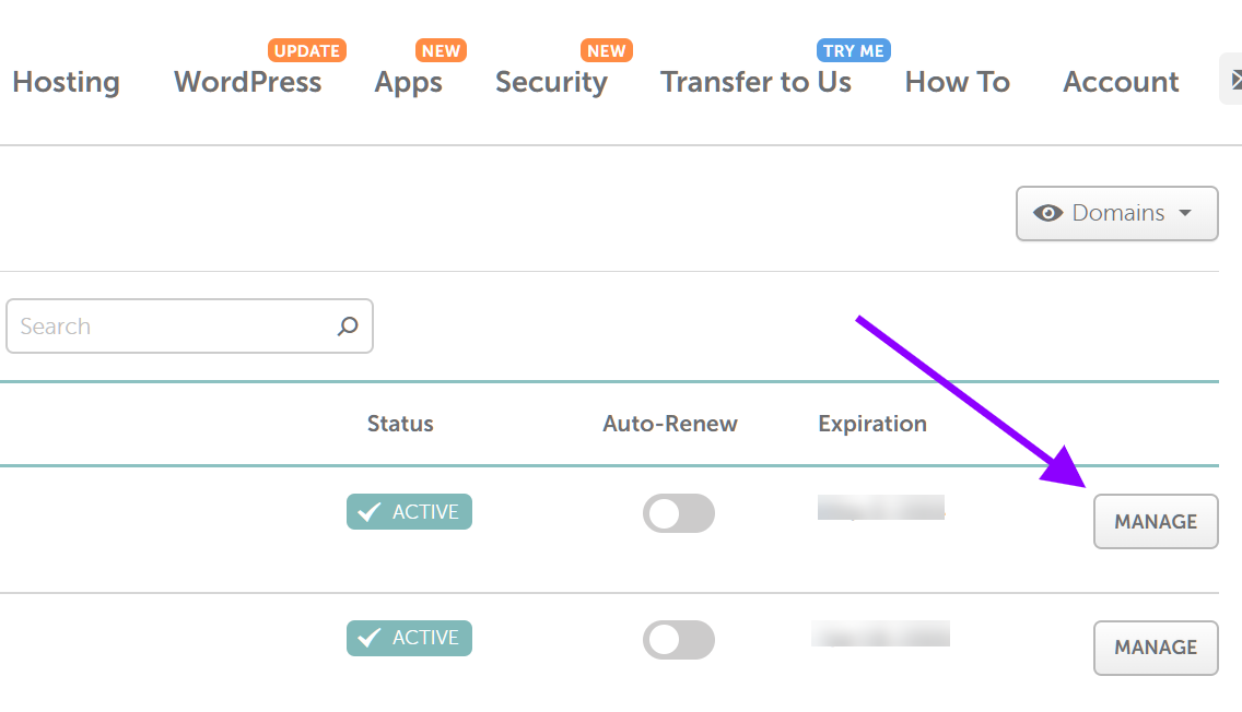 Manage button for each domain