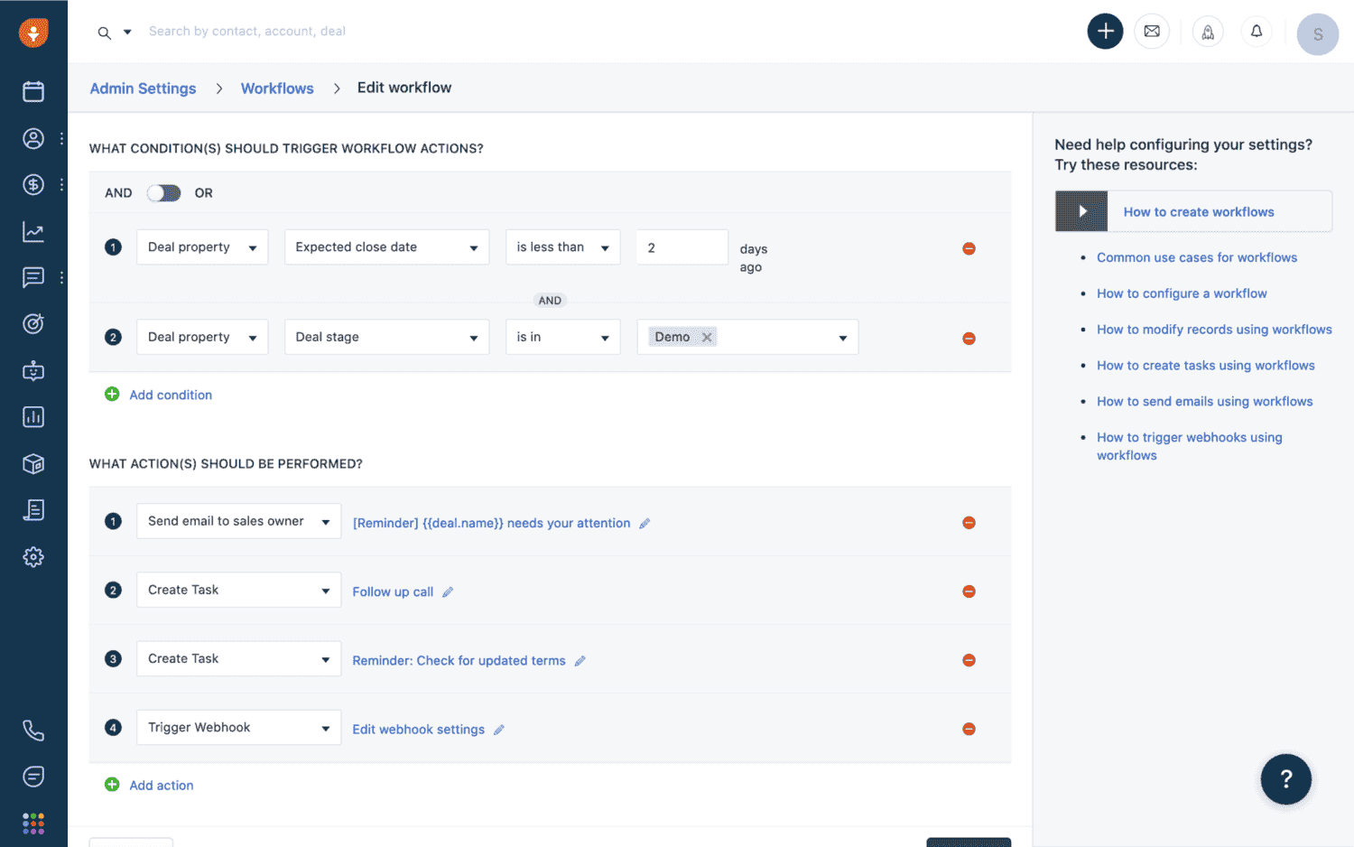 CRM workflow settings in Freshworks which is one of the Salesforce alternatives 