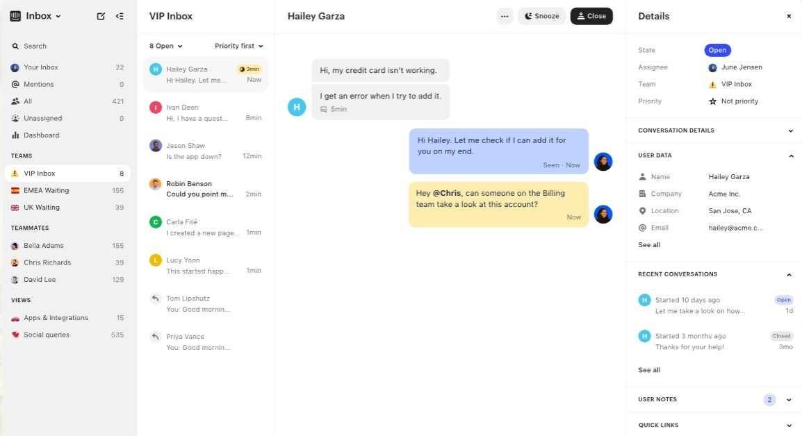 Inbox in Intercom for real-time communication