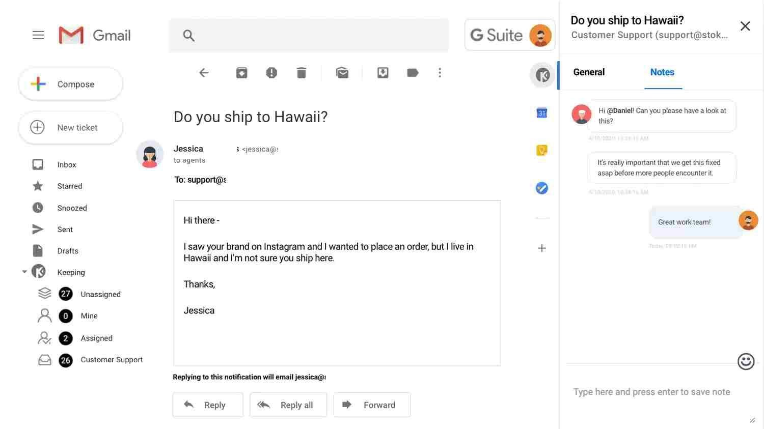 Example of managing customer support in Gmail with Keeping